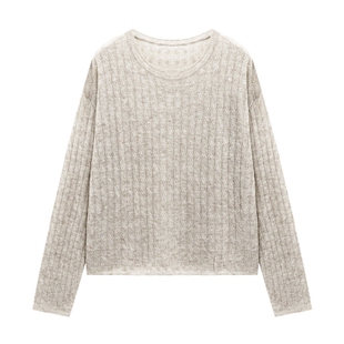 Basic House/百家好简约圆领绞花针织衫春装宽松纹理长袖套头毛衣