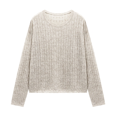 Basic House/百家好简约圆领绞花针织衫春装宽松纹理长袖套头毛衣