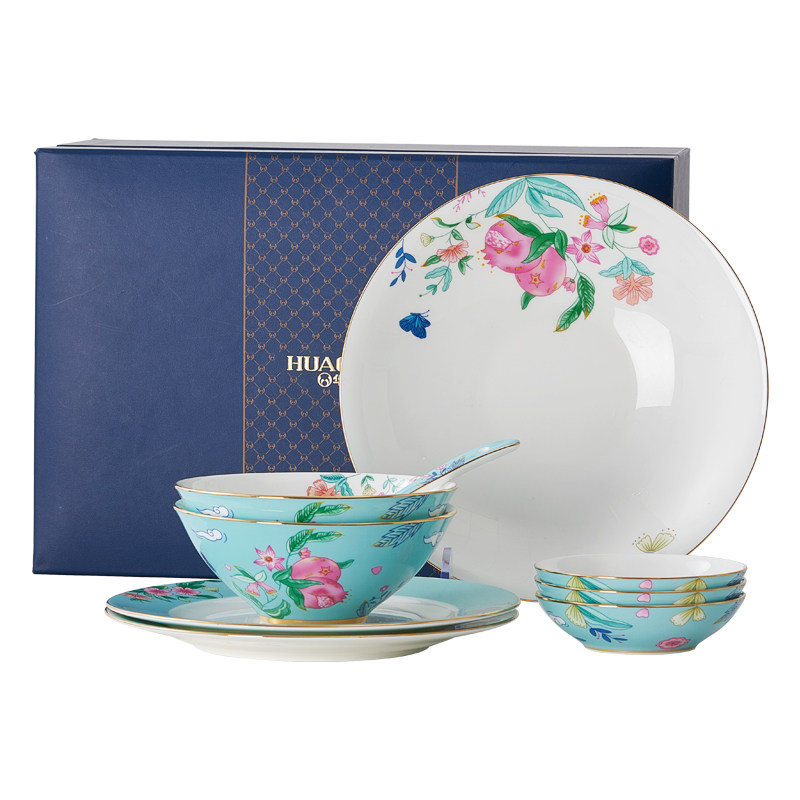 新品华光国瓷珐琅石榴高级轻奢骨瓷餐具套装中式送礼碗碟餐具套装