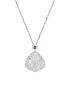 Witther天然高冰水沫玉佛公项链925银玉髓弥勒佛吊坠链秋冬高级感