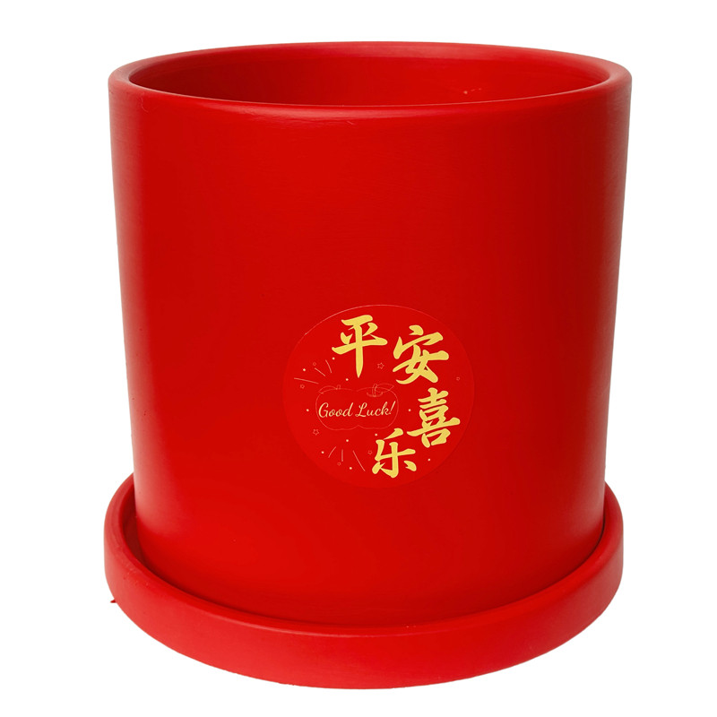 红色陶瓷花盆带托盘喜庆自吸水