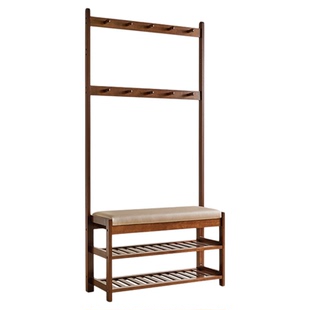 家逸实木挂衣架入户玄关落地衣帽架换鞋凳挂衣架一体家用门口衣架