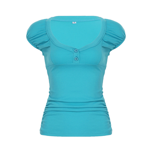 SWEETOWN夏日多巴胺#甜辣妹湖蓝色低圆领泡泡袖上衣显瘦百搭T恤女