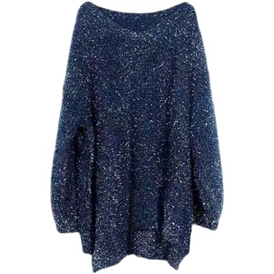 秋冬很仙中长款露肩毛衣裙女闪光丝网红宽松慵懒连衣裙针织衫外穿