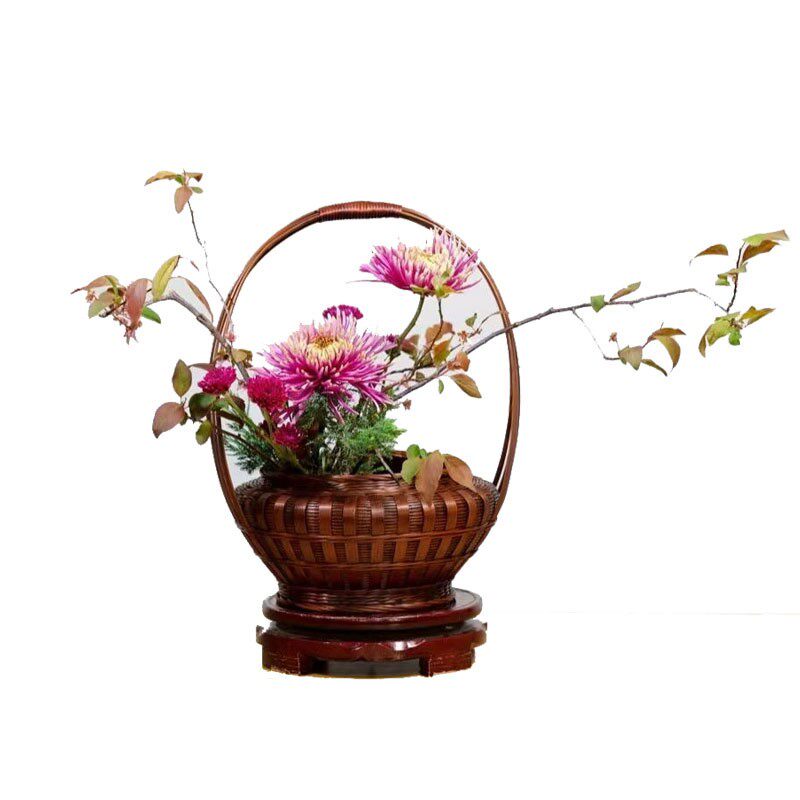 中式花艺插花篮竹编复古手提摆件