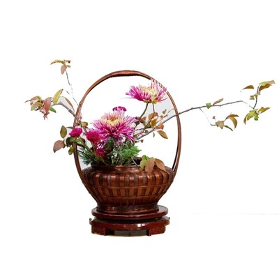 中式花艺插花篮竹编复古手提摆件