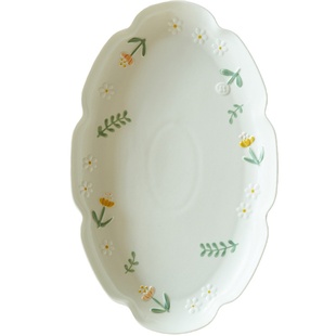 肆月小清新浮雕家用鱼盘椭圆形盘子陶瓷餐具蒸鱼盘装鱼餐盘高级感