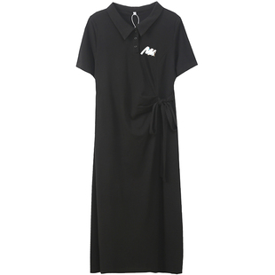 学院刺绣长短款胖莹莹大码女装夏季休闲polo领扭结显瘦衬衫连衣裙