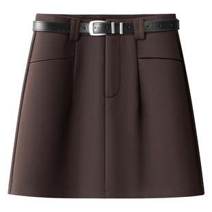 咖色毛呢款短裙女冬季2025新款高腰A字包臀半身裙配靴子显瘦冬裙