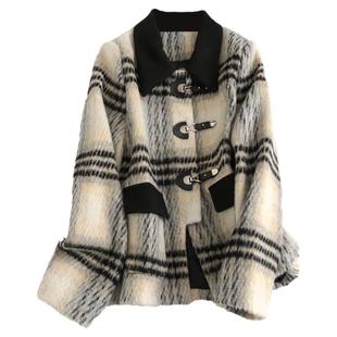 格子拼色翻领金属扣长袖短款毛呢外套+高腰包臀半身裙女套装F430