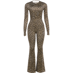 SylCue 野性狂欢辣妹风性感豹纹印花大露背长袖t恤式连体裤微喇裤