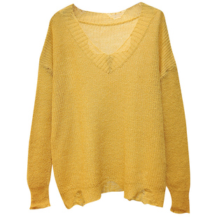 春装新款宽松镂空V领套头针织衫女慵懒风仿马海毛衣薄款罩衫上衣