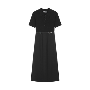 【商场同款】LILY2025春新款女装设计感针梭拼接收腰黑色连衣裙