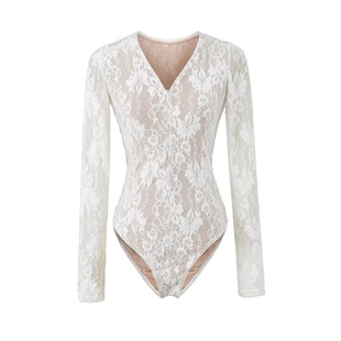 辣妹 v领蕾丝连体衣女外穿春秋季连裆修身性感长袖打底衫连体上衣