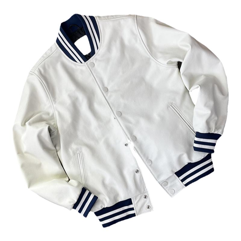 春秋头层小牛皮机车棒球服白色真皮外套男士帅气潮流皮衣休闲夹克