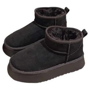 加绒加厚雪地靴女款黑色25冬季新款防滑耐磨棉鞋保暖毛绒中筒女靴