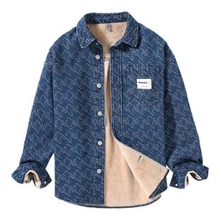 加绒牛仔衬衫男长袖秋冬季加绒加厚上衣宽松大码潮牌印花衬衣外套