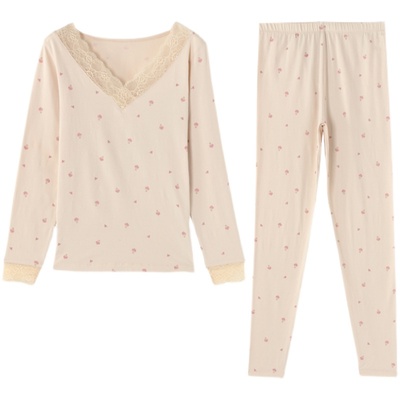 纯棉美体内衣套装蕾丝V领保暖衣