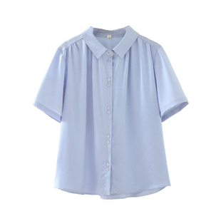 2026夏装新款胖妹妹女装纯色胖mm褶皱上衣女翻领多扣短袖大码衬衫