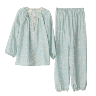 甜美小碎花圆领收口睡衣女纯棉纱木耳边开衫长袖长裤薄家居睡眠服