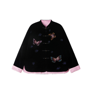 JINGJING2025新款“黑锦蝴蝶”100桑蚕丝45梭丝绒古典韵味中上衣