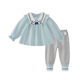 女童套装秋冬儿童法式春秋海军领卫衣打底裤两件套女宝宝红色衣服