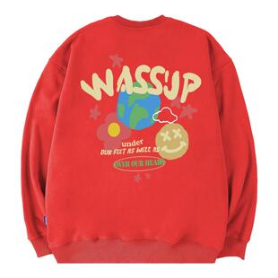 WASSUP美式涂鸦潮牌卫衣男秋冬新款加绒情侣中国红休闲圆领上衣服