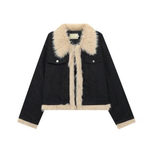 橘子树在哪儿复古拼接毛毛夹棉牛仔外套女秋冬高级感短款气质上衣