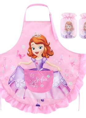 迪士尼儿童围裙袖套套装女童罩衣围兜幼儿园画画衣宝宝防脏吃饭衣