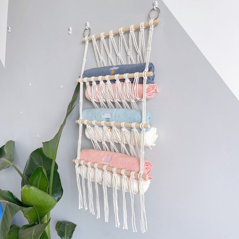 置物架简约装饰多层儿童房书籍网兜收纳挂饰木棍毛巾公仔毛绒玩具