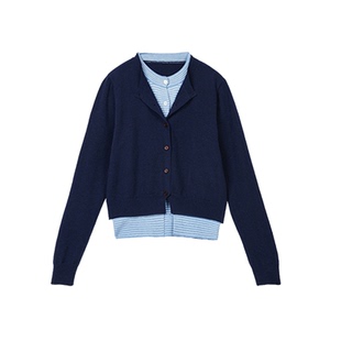 【吵吵家~】韩系藏蓝色圆领条纹拼接针织衫女秋休闲修身长袖上衣