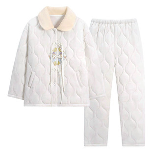 冬季翻领开衫睡衣三层夹棉家居服两件套海岛绒保暖发热暖和带口袋