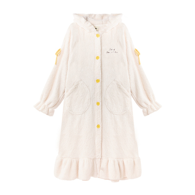 yso【礼物系列】睡衣女秋冬新款毛绒连帽卷边兔耳保暖家居服套装D