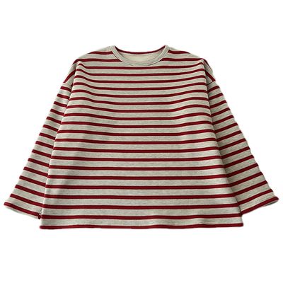 红灰白条纹加绒圆领套头卫衣