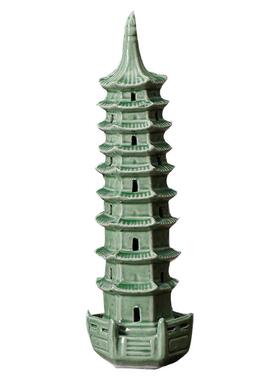 绿色办公室摆件大号九层陶瓷塔书房假山造景装饰中式客厅简约水缸