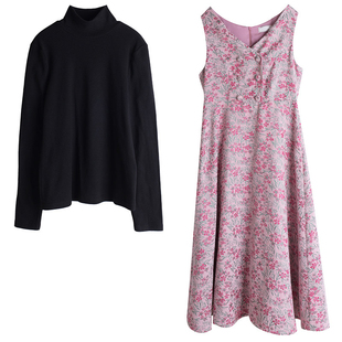 时髦小姨风胖莹莹大码女装春季高领绒感打底衫碎花背心连衣裙套装