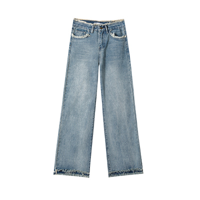 白色毛边阔腿牛仔裤女2024秋冬