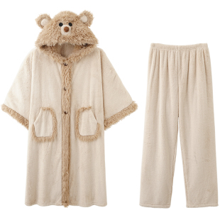 思莉太太冬季珊瑚绒睡袍女2025新款斗篷加厚毛绒长款冬天披风睡衣