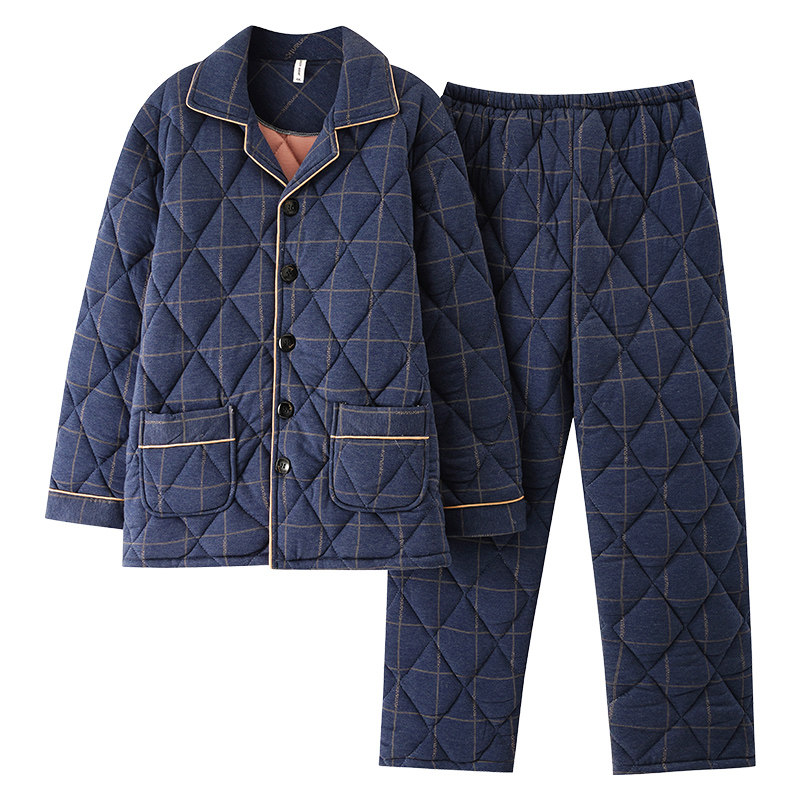 睡衣男士冬季加厚纯棉夹棉秋冬款全棉中年爸爸三层加棉家居服套装