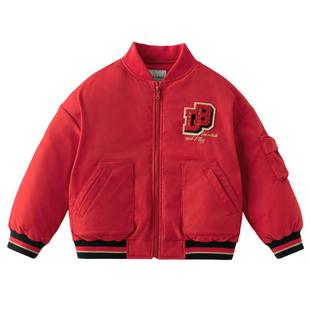 戴维贝拉儿童羽绒服男2026冬装新款男童防水外套新年红色棒球夹克