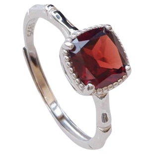 戒指女轻奢高级感竹节设计S925纯银天然酒红色石榴石宝石戒指女