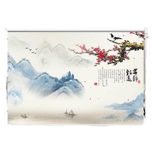 卷帘窗帘定制新中式山水风景字画全遮光客厅办公室卫生间卷拉式帘