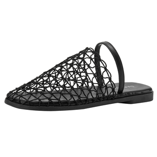 达芙妮编织渔网透气包头拖鞋女2026新款夏季平底银色镂空罗马凉鞋