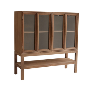 润家家居复古风客厅餐边柜实木玻璃书柜家用陈列展示柜收纳储物柜