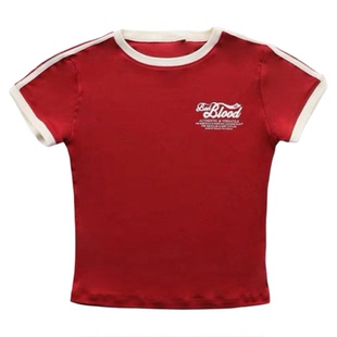 badblood美式复古跳舞运动正肩短袖T恤女辣妹上衣2024夏装新款潮