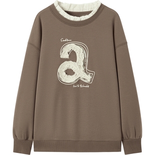 爱居兔暖氧吧加绒卫衣女冬季蕾丝拼接设计感圆领卫衣