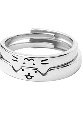 可爱猫狗情侣对戒可调开口银色