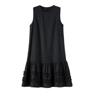 晚白2025年秋冬新款绵羊毛拼接毛呢裙子时尚优雅高级感无袖连衣裙