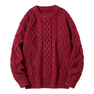 冬季高品质新款青少年美式复古扭花针织毛衣加厚保暖男生百搭上衣