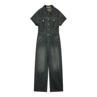 飘蕾复古港风设计感连体衣2026春新款工装牛仔高腰连体显瘦阔腿裤